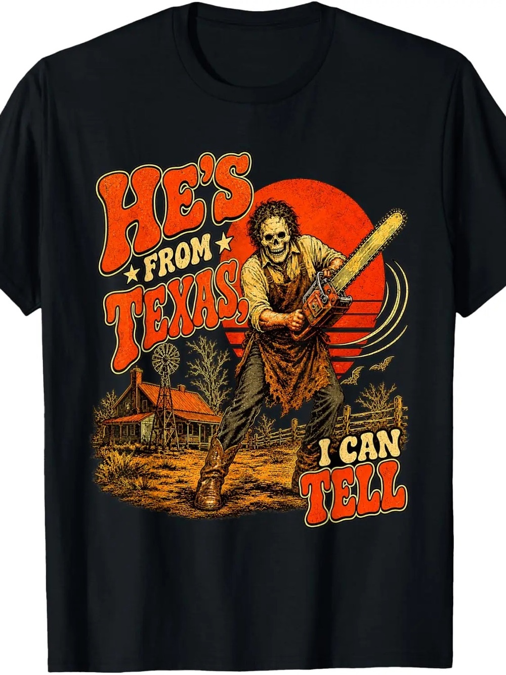 Gildan Black "He's From Texas I Can Tell" Horror Chainsaw Graphic Tee